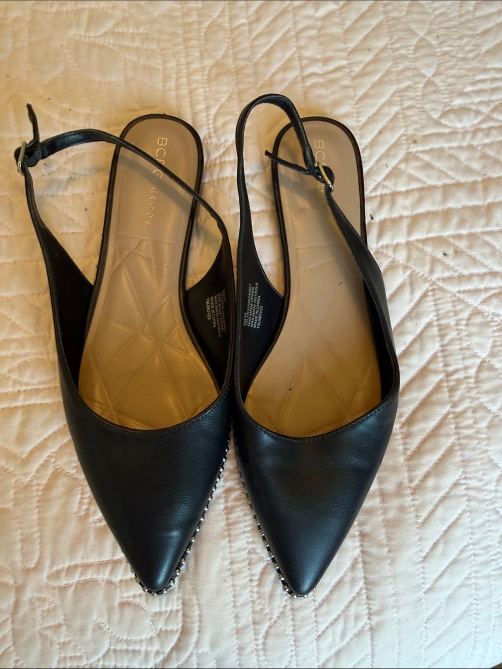BCBGeneration Black Pointed Slingback Flats with Stud Trim